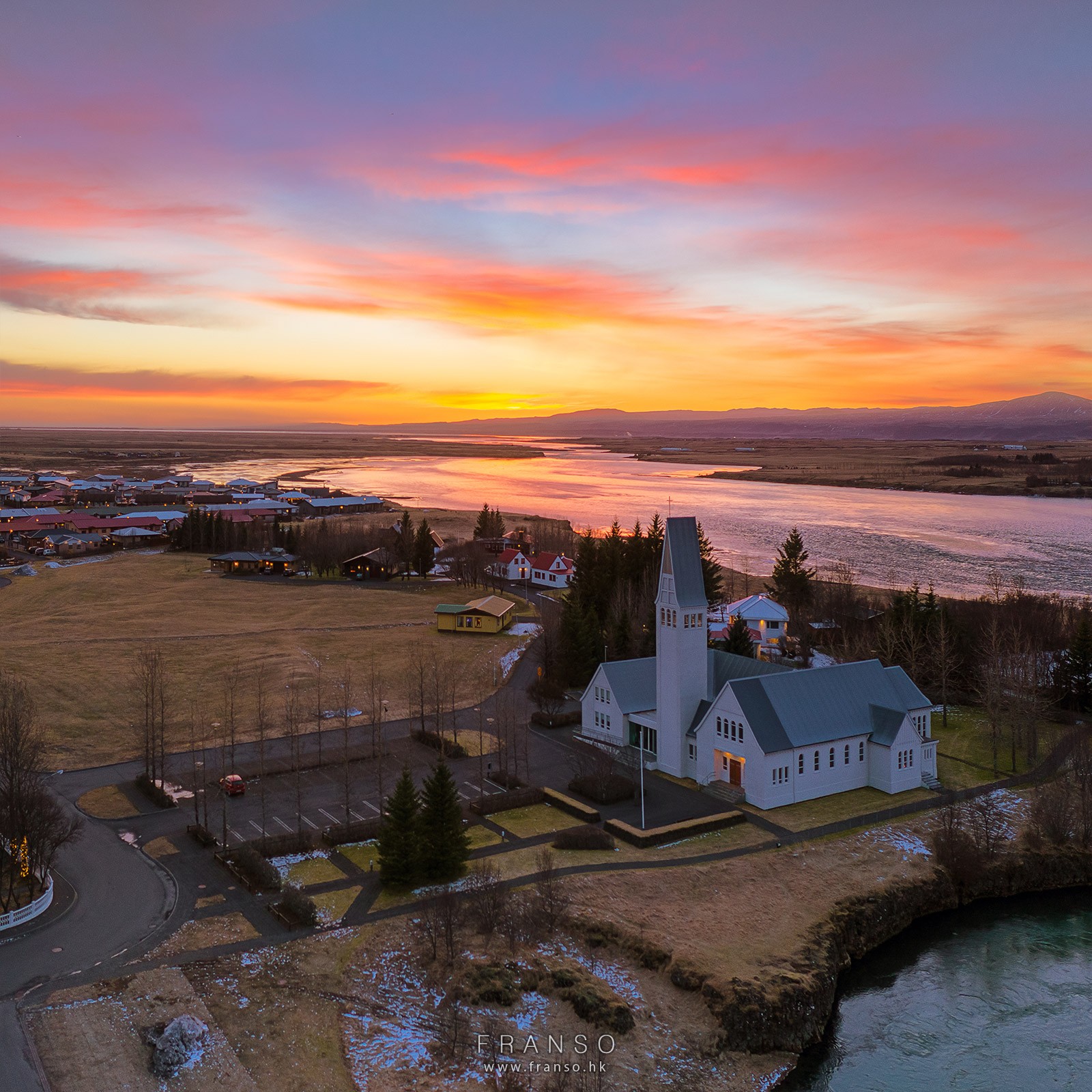 Aerial | Oversea | After sunset at Selfoss  | 